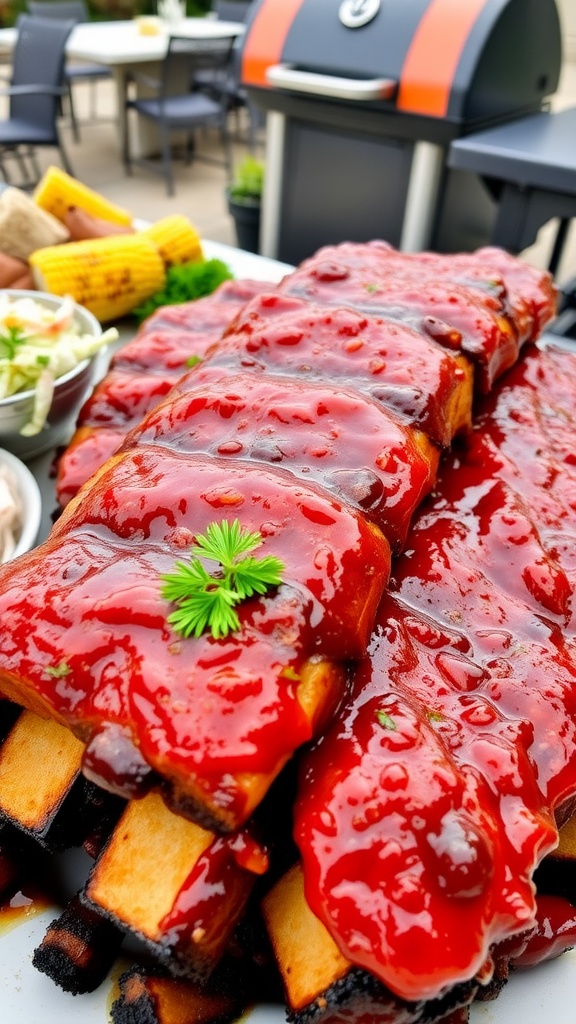 A delicious platter of barbecue ribs glazed with sauce, surrounded by sides like coleslaw and corn on the cob on an outdoor patio.